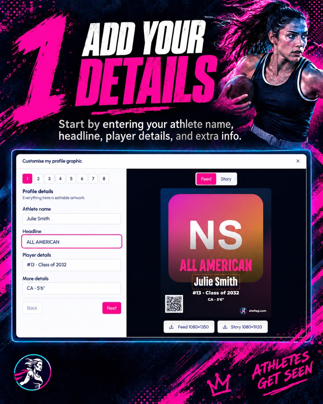 Add your details, upload your photo, customize your graphic, and share your profile to get noticed by college programs. #Sheflagfootball