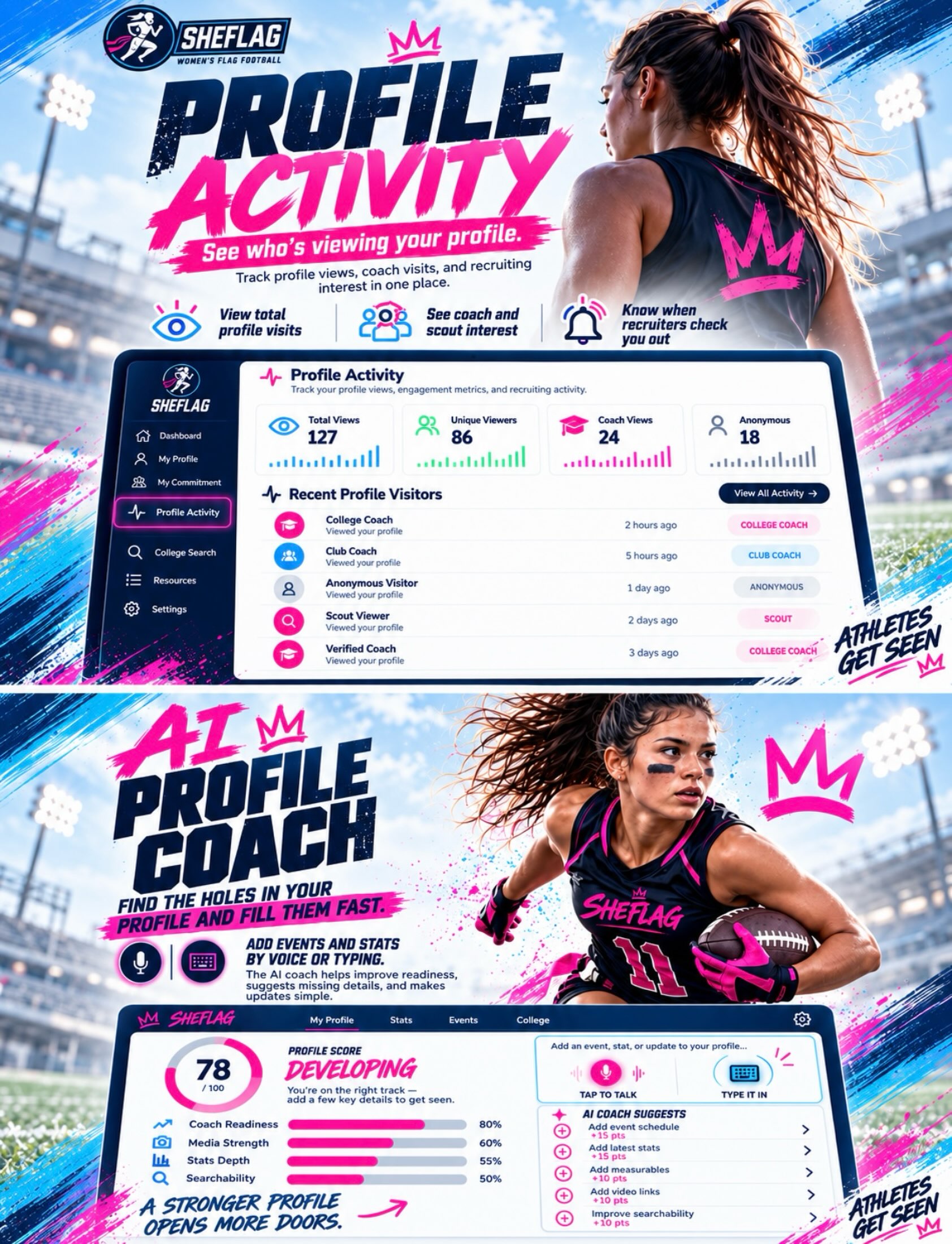 Your profile should work for you. 🏈

From tracking coach interest to strengthening your recruiting profile, SheFlag gives female flag football athletes more ways to get seen and get recruited.
